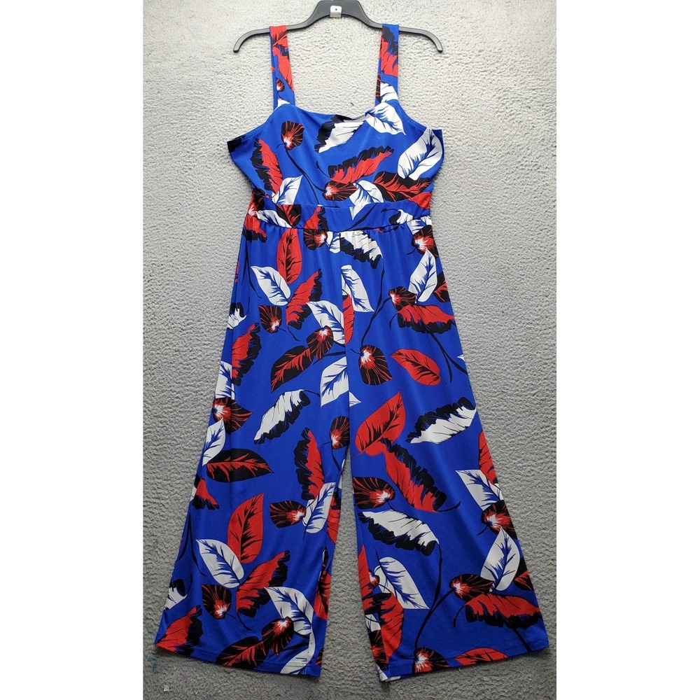 Express Jumpsuit Womens XL Multi Leaf Print Sleeveless Smocked Back Wide Leg